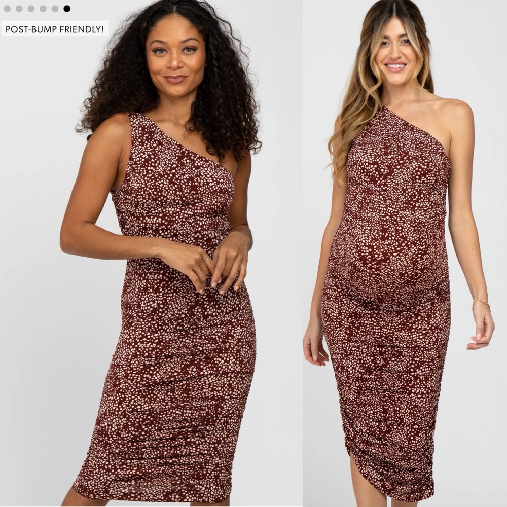 Pinkblush Brown Animal Print Asymmetrical One Shoulder Maternity Midi Dress - Picture 3 of 13